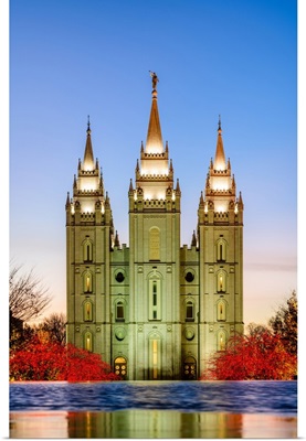 Salt Lake Temple, Red Bushes at Night, Salt Lake City, Utah