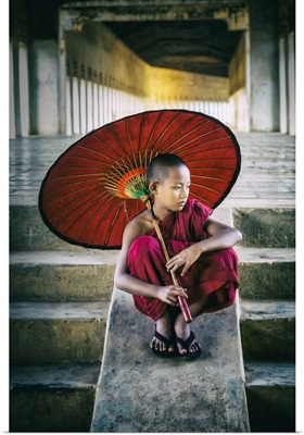 Burmese Monk With Parasol In His Monastery