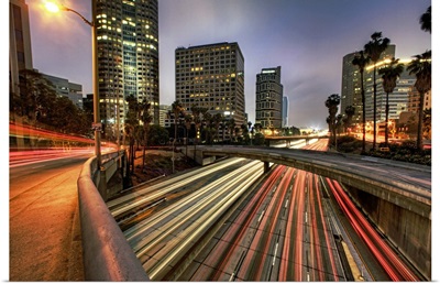 Car trails at dusk in downtown Los Angeles, California