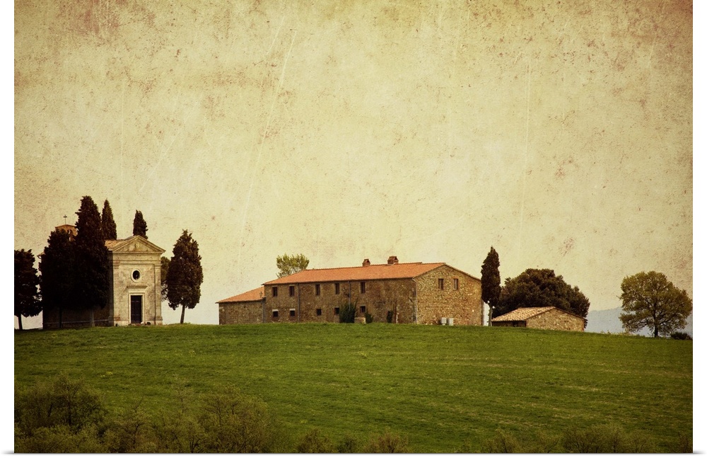 This rustic landscape photograph has been given a vintage appearance by adding a sepia tint, scratch textures, and vignett...