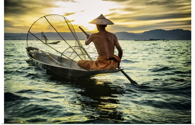 Fisherman At Sunset In Inle Lake, Burma