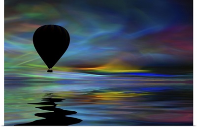 Hot air balloon floating across a surreal colorful sky