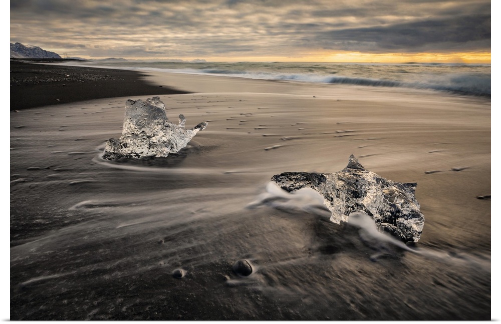 Small icebergs on the beach by Jokulsarlon lagoon, Iceland.