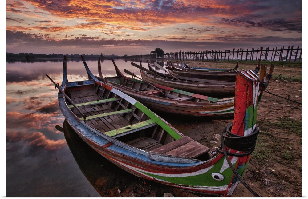 Longtail boats by the Ubein bridge in Mandalay, Burma