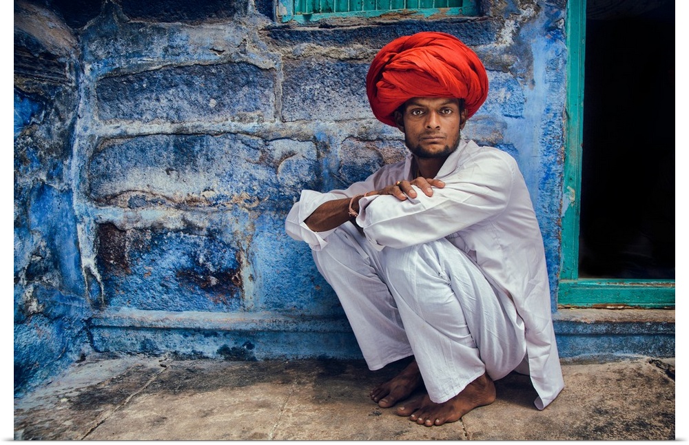 Man with red turban in the Blue City of Jodhpur, India.