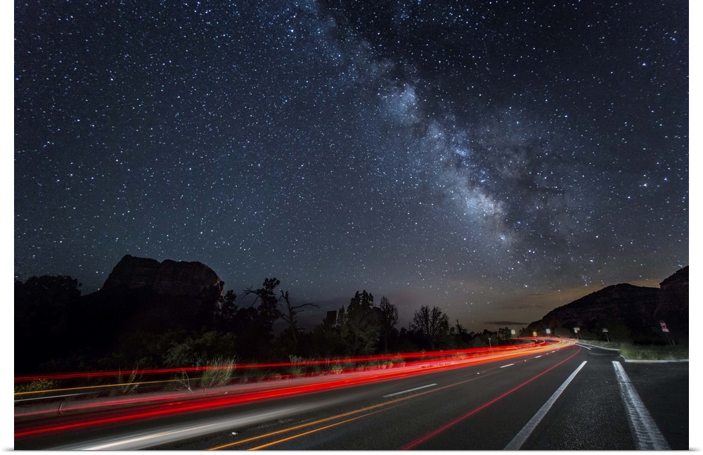 Milky Way and car trails over Sedona, Arizona