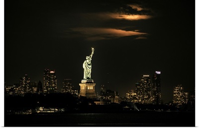Moonrise over the Stature of Liberty in New York City