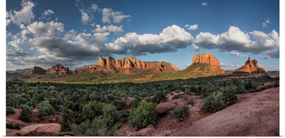 Panorama of clouds and red rocks at sunset in Sedona, Arizona