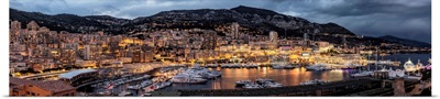 Panorama of Monte Carlo and the harbor after dark