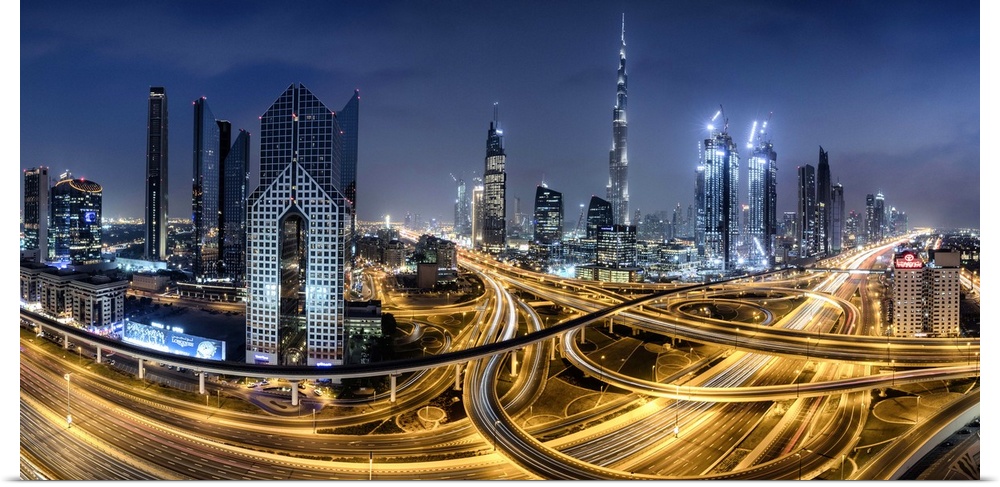 Panorama of the Burj Khalifa and massive interchange of Dubai.
