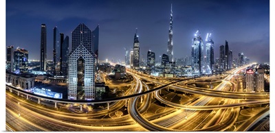 Panorama of the Burj Khalifa and massive interchange of Dubai