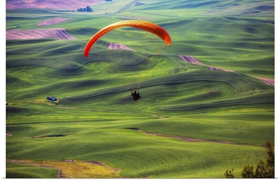 Paraglider above green the wheat fields in the Palouse region of Washington