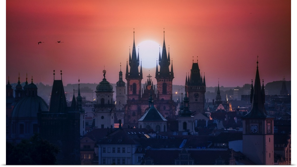 The towers of beautiful Prague at sunrise.
