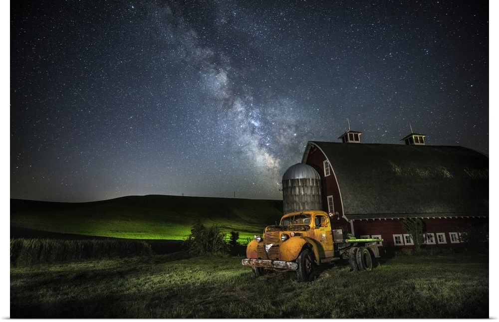 Red barn and tractor under the Milky Way in the Palouse, Washington