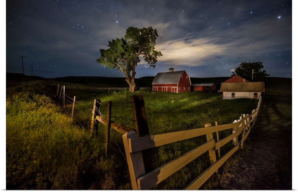Red barn under the stars in the Palouse region of Washington.