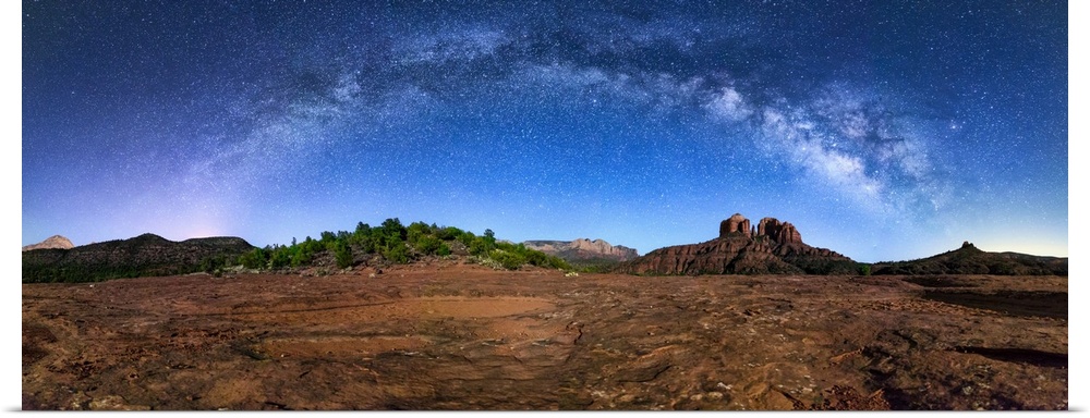 Milky Way panorama and Cathedral Rock in Sedona, Arizona.