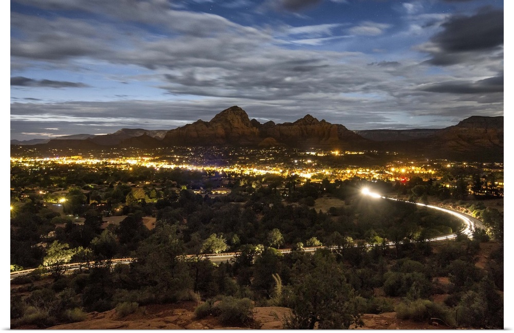 Sedona, Arizona after dark from above.