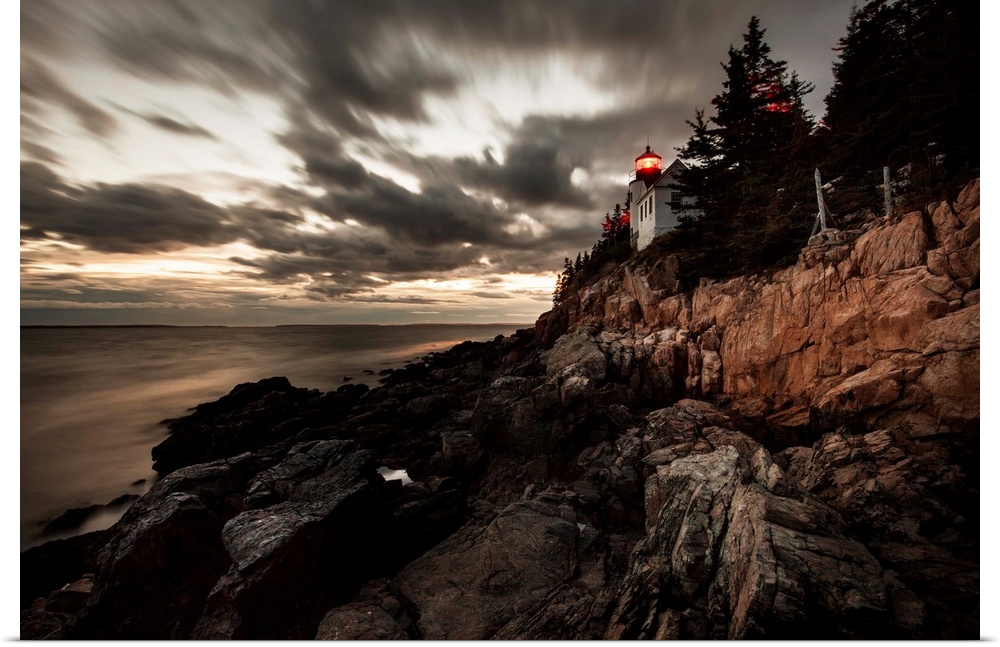 The Bass Harbor Lighthouse after dark in Maine.