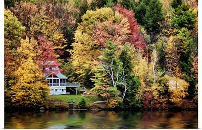 Trees and lake with fall color in Vermont