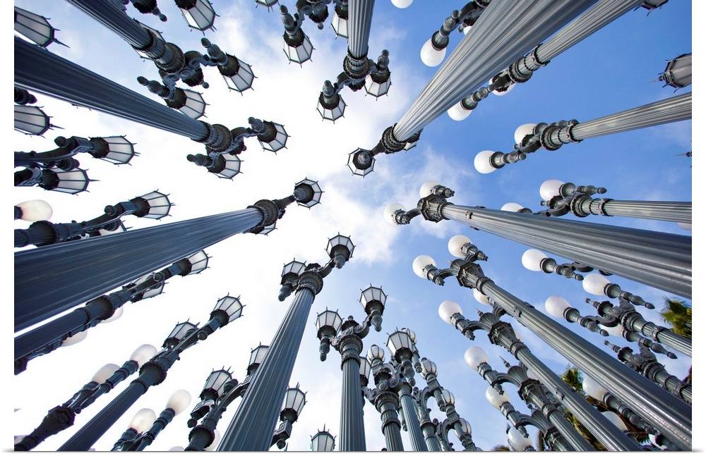 Big photograph taken from the ground looking up focuses on an art display incorporating vast amounts of light posts set in...
