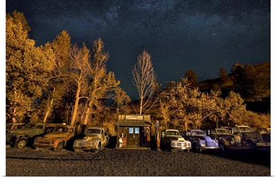 Vintage gas station and old cars after dark in the Palouse, Wash