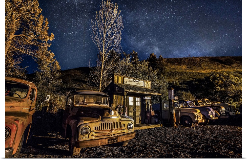 Vintage gas station and old cars after dark in the Palouse, Washington