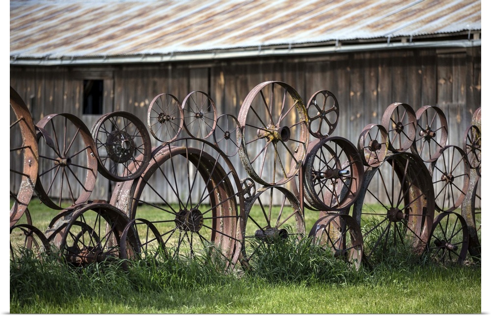 Wagon wheels and barn in the Palouse