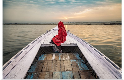 Woman On Longtail Boat On The Ganges River, Varinasi, India