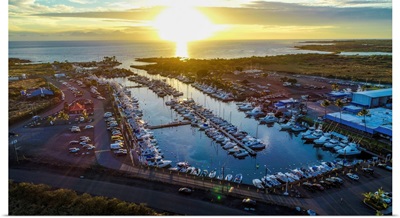 Aerial photograph of the Kona Marina, Hawaii, at sunset