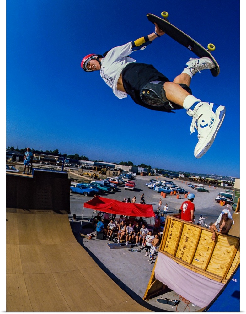 Christian Hosoi skateboarding through the air at Vans Off The Wall Skatepark in Huntington Beach, California, 1989.