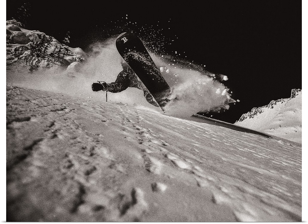 Dramatic black and white image of Ian Spiro snowboarding in the Cascades, Mazama, Washington.