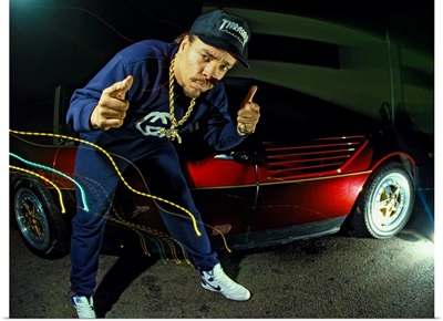 Ice-T posing with a car and light effects, 1988