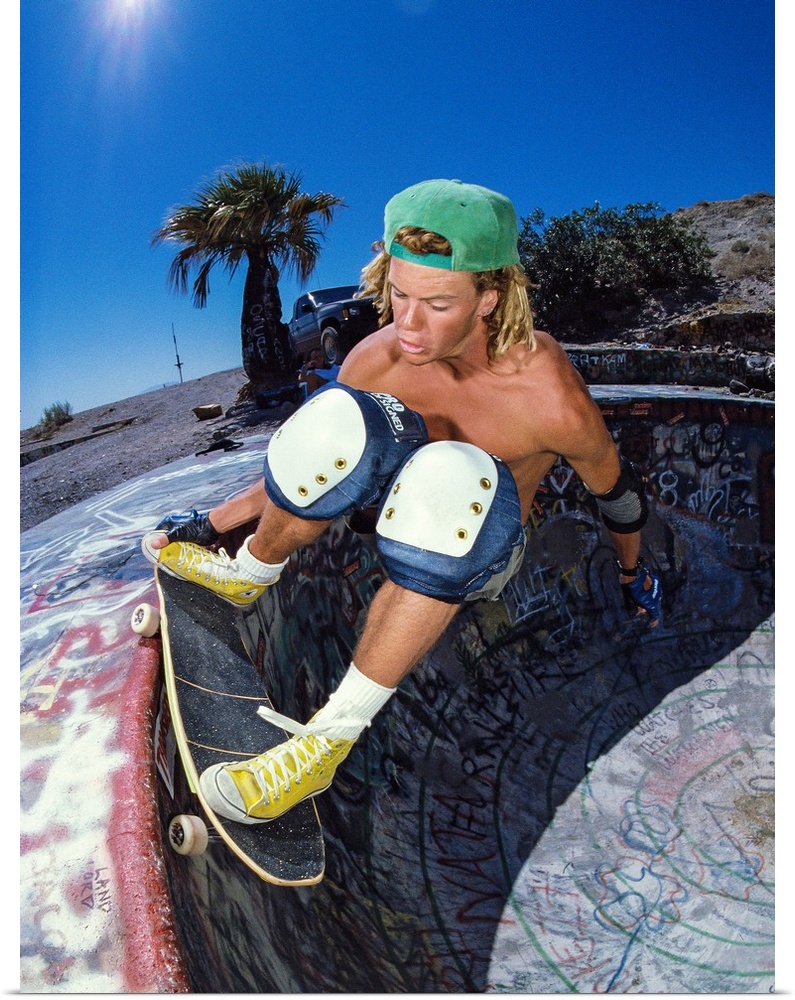 Jeff Ronnow skateboarding on the edge of the Nude Bowl at Desert Hot Springs, California, 1988.