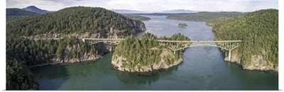 Aerial Panorama Of Deception Pass Bridge In Washington State