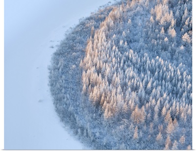 Aerial View Of Forest River In Time Of Winter Day