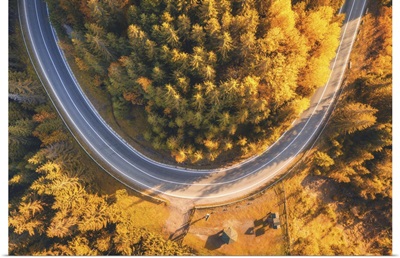 Aerial View Of Mountain Road In Beautiful Forest At Sunset In Autumn