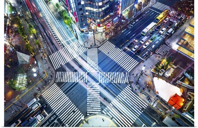 Aerial View Of Panoramic Urban City With Crosstown Traffic In Ginza, Tokyo, Japan