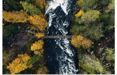 Aerial View Of River With Bridge In Autumn Forest, Lapland, Finland
