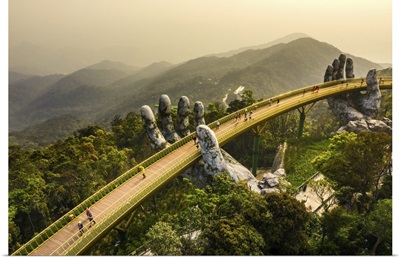 Aerial View Of The Golden Bridge Lifted By Two Giant Hands, Ba Na Hill, Da Nang, Vietnam