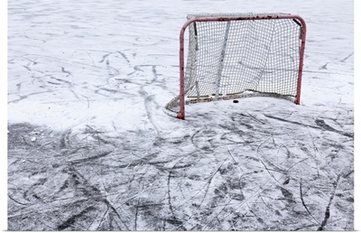 An ice hockey net on an outdoor pond rink