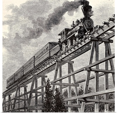 Antique illustration of train crossing wooden bridge along Union Pacific railroad