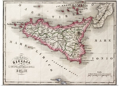 Antique old map of Sicily and little islands around it, 1860