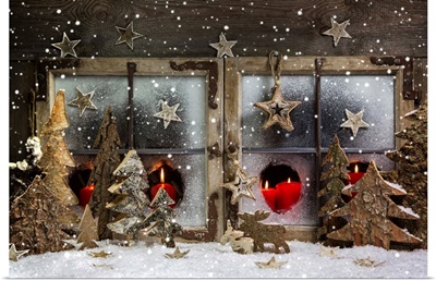 Christmas Window Decoration In Red With Wood