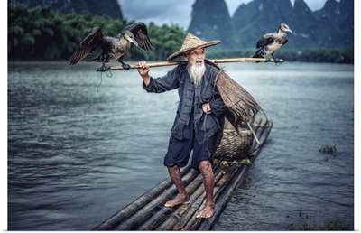 Cormorant Fisherman Showing His Birds On Li River Near Xingping, Guangxi Province, China
