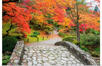 Fall Landscape With Stone Bridge And Walking Path.