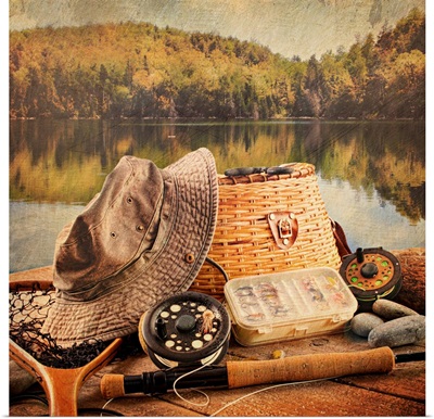 Fly fishing equipment on deck with a vintage look
