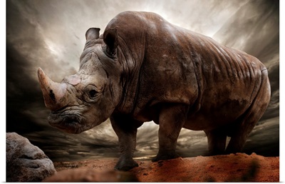 Huge rhinoceros against stormy sky