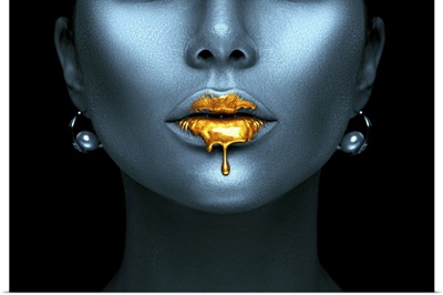 Model With Gold Paint Dripping From Her Lips
