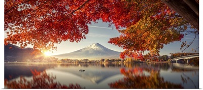 Mountain Fuji With Morning Fog And Red Leaves At Lake Kawaguchiko