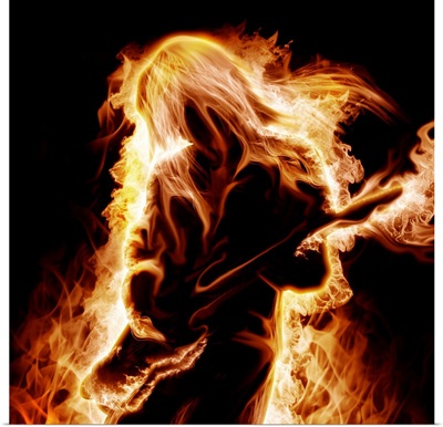 Musician with an electronic guitar enveloped in flames
